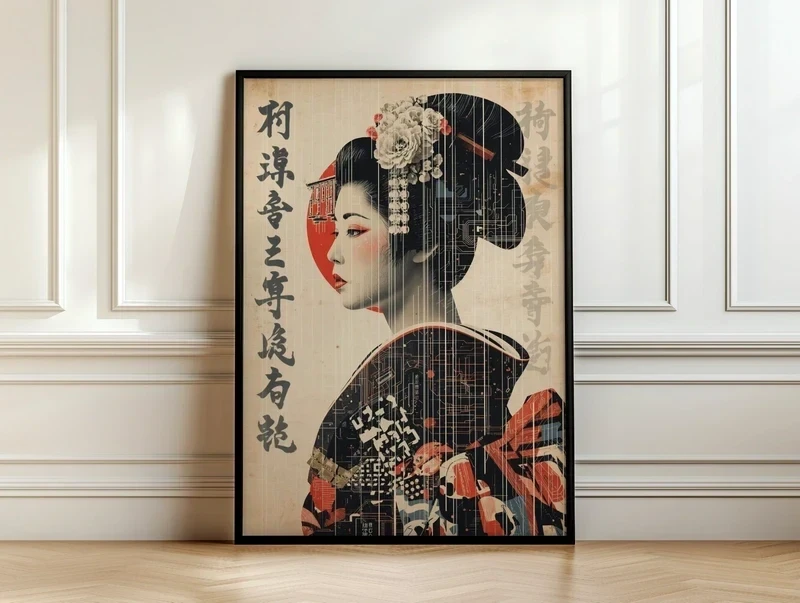 Affiche A3 – Geisha japonaise rétro‑futuriste – Décoration murale